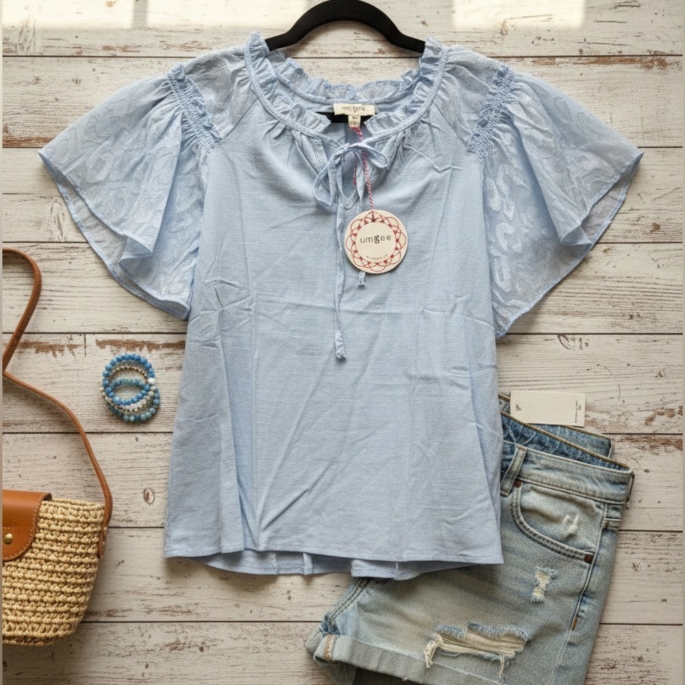 NWT Umgee Misty Blue Linen Mix Boho Fairycore M Ethereal Burnout Sleeve Top - Picture 2 of 10